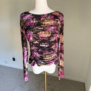 Maeve Anthropologie‎ Ruched Floral Mesh Long Sleeve Top Medium Black Semi Sheer